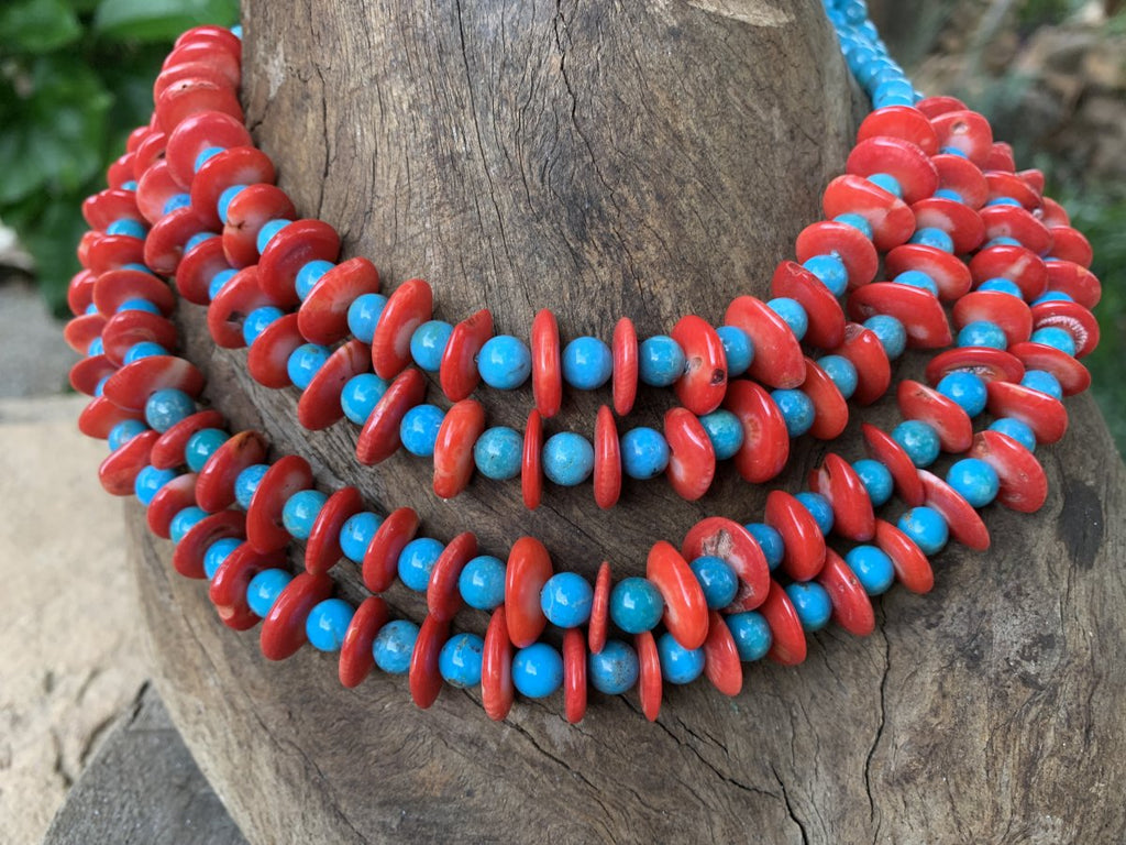 Hand Made Rare Turquoise and Red Coral Four-Tier Necklace x 1 From Mexico