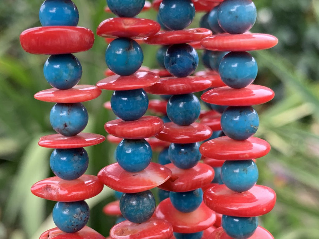 Hand Made Rare Turquoise and Red Coral Four-Tier Necklace x 1 From Mexico