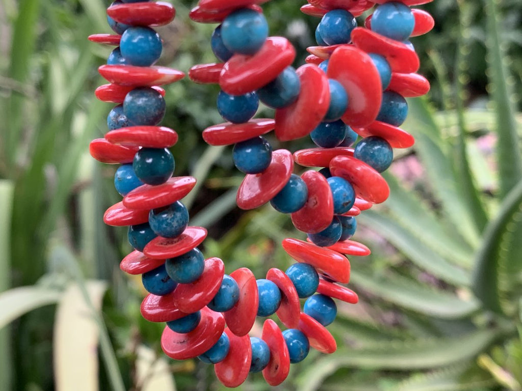Hand Made Rare Turquoise and Red Coral Four-Tier Necklace x 1 From Mexico