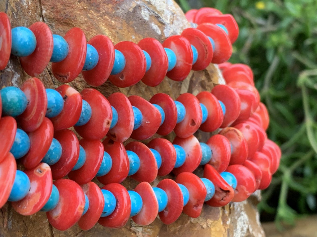 Hand Made Rare Turquoise and Red Coral Four-Tier Necklace x 1 From Mexico