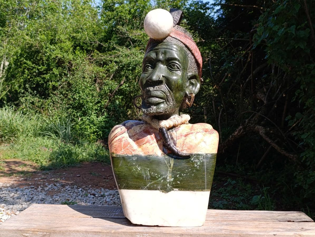 Hand XXL Made Zulu King Bust Verdite Carving x 1 From Southern Africa