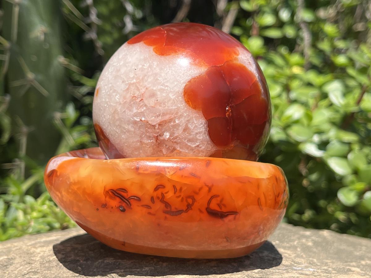 Polished Spotted Carnelian Ball and Crystalline Carnelian Bowl Set x 1 From Madagascar