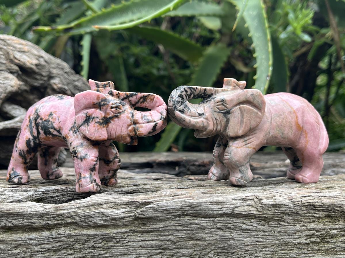 Hand Made Pair of Rhodonite Gemstone Elephant Carvings x 1 From Madagascar