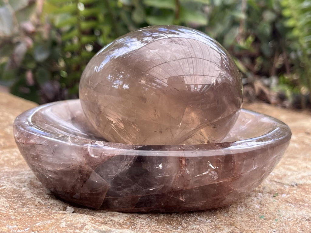 Polished Pair of Smokey Rose Quartz Crystal Egg and Bowl Set x 1 From Ambatondrazaka, Madagascar