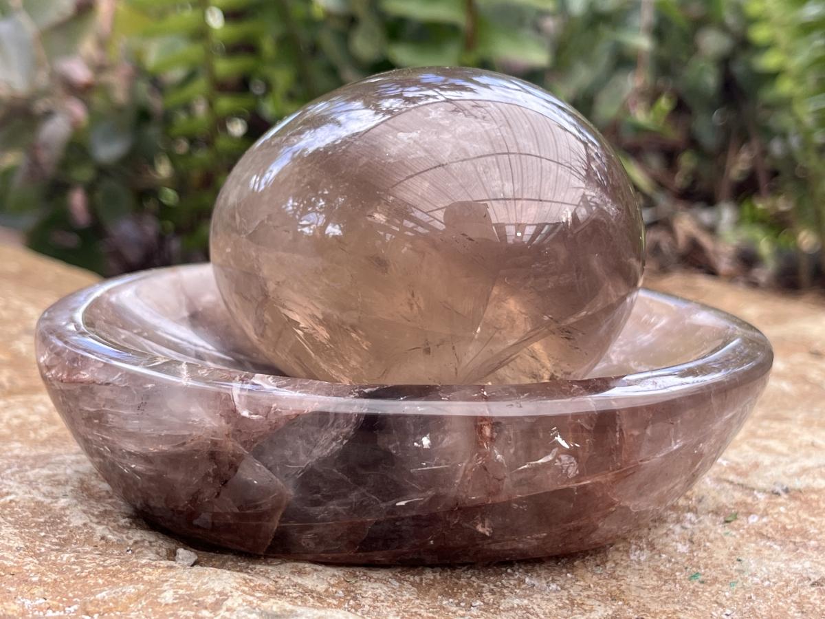 Polished Pair of Smokey Rose Quartz Crystal Egg and Bowl Set x 1 From Ambatondrazaka, Madagascar