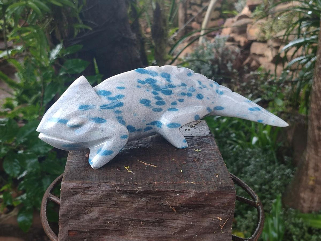 Hand Made Polished Blue Spotted Spinel Chameleon Carving x 1 From Madagascar