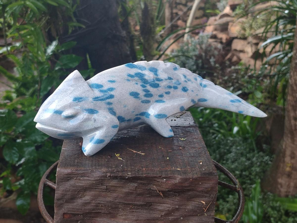 Hand Made Polished Blue Spotted Spinel Chameleon Carving x 1 From Madagascar