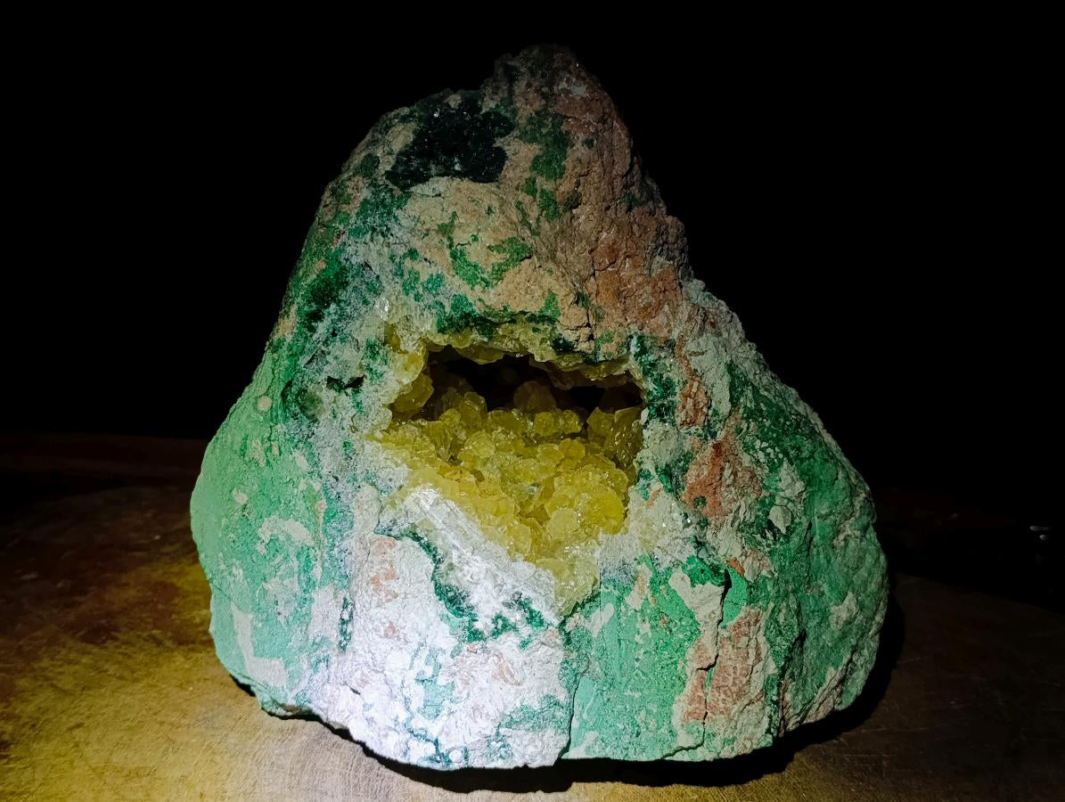 Natural XL Yellow Calcite Geode in a Malachite Matrix x 1 From Mashamba West Mine, Congo