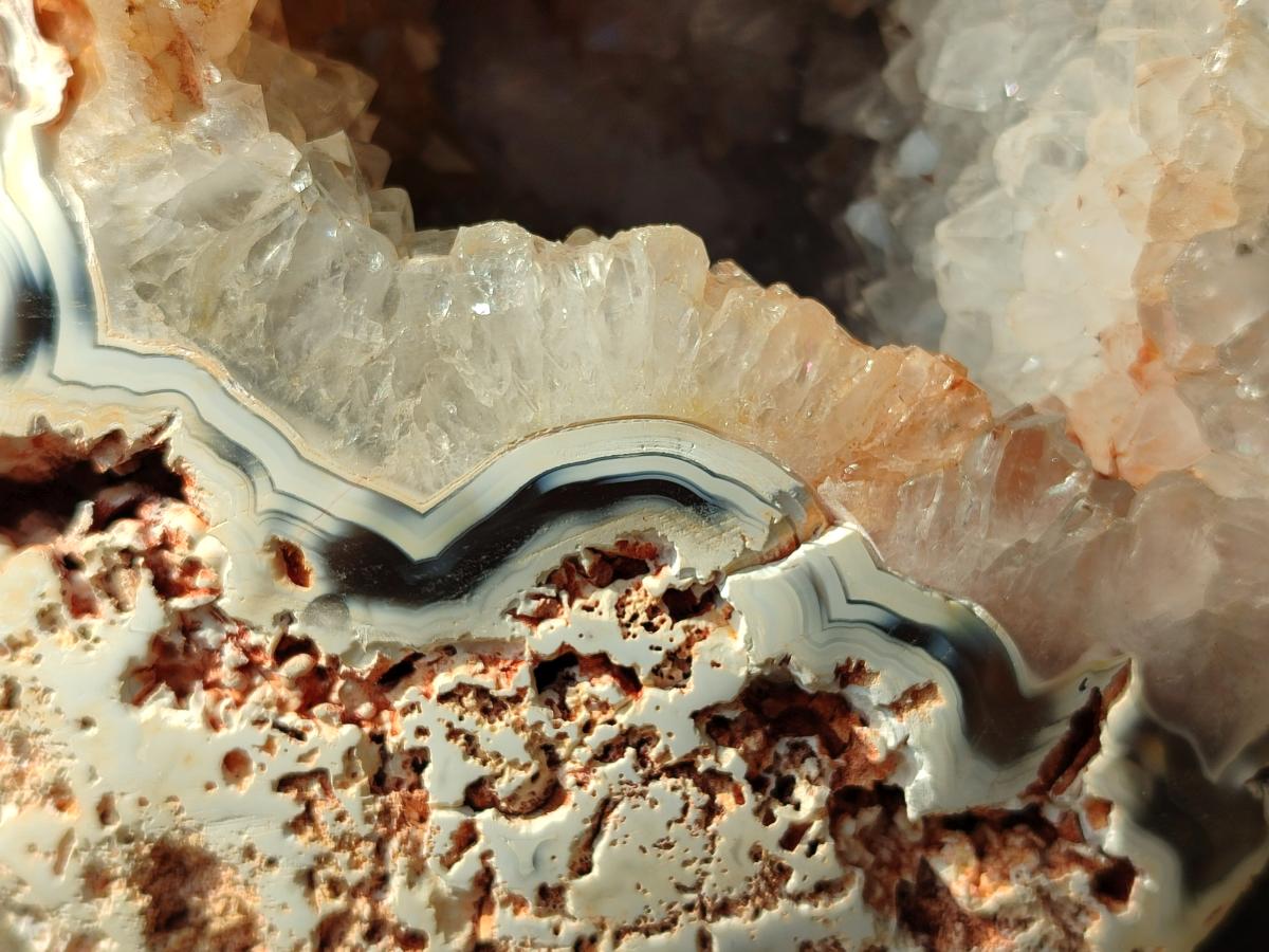 Polished One Side Large Coral Agate Crystalline Centred Standing Geode x 1 From Maintirano, Madagascar