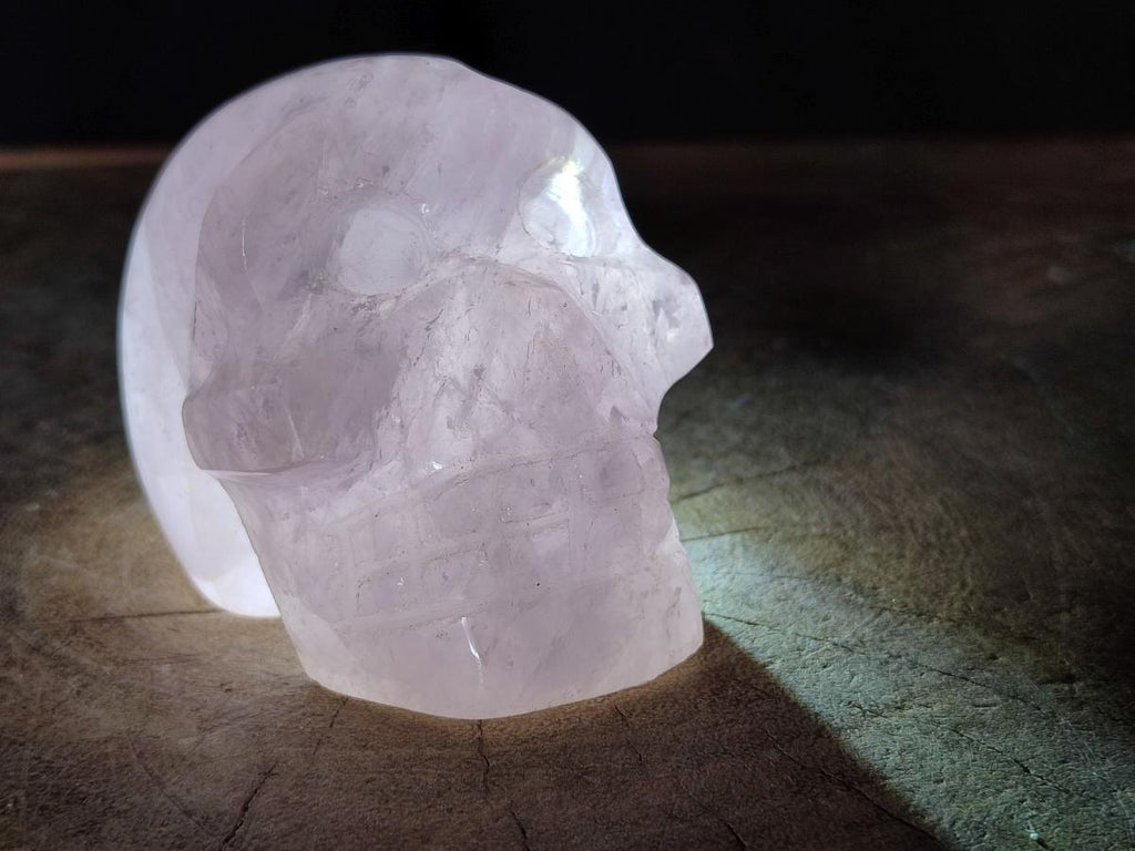 Hand Carved Gemmy Star Rose Quartz Skull Carving x 1 From Ambatondrazaka, Madagascar