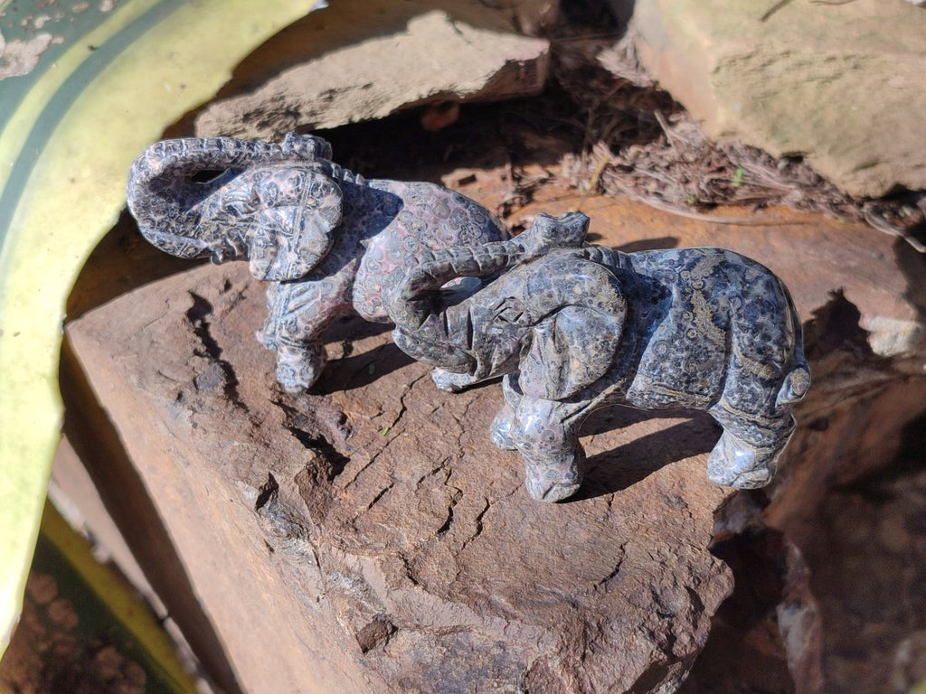 Polished Pair of Snakeskin Rhyolite Jasper Elephant Carvings x 1 From Australia