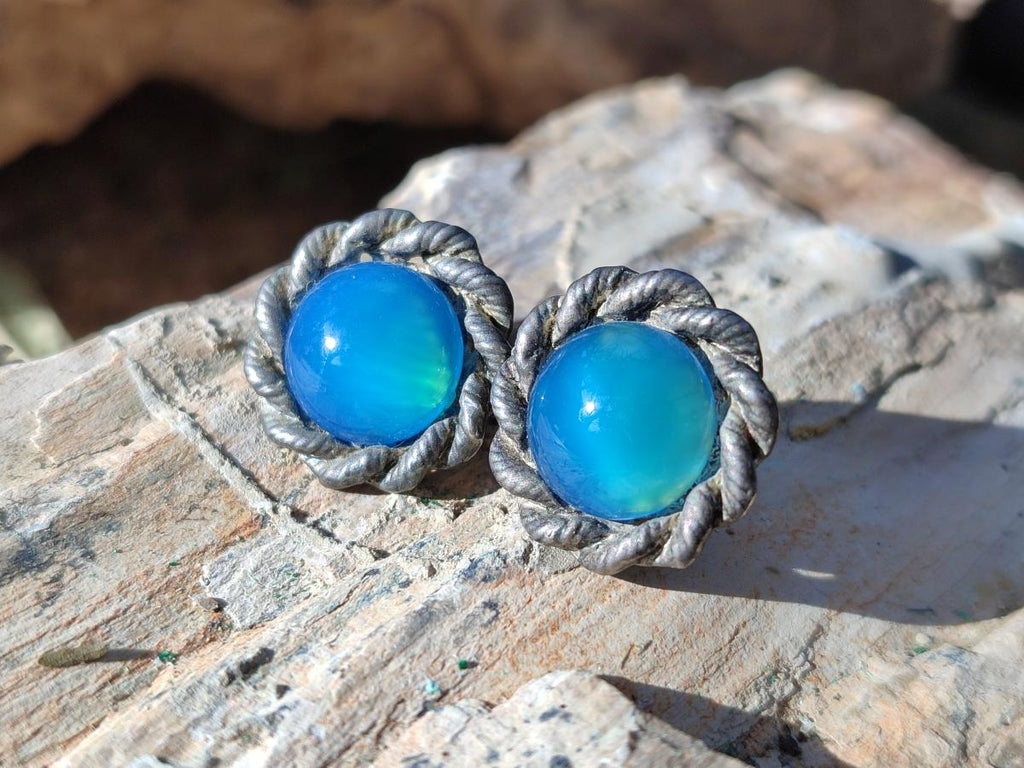 Hand Made Pair of Blue Onyx Cabochon Earrings in Silver Surgical Steel - Sold Per Pair - From China