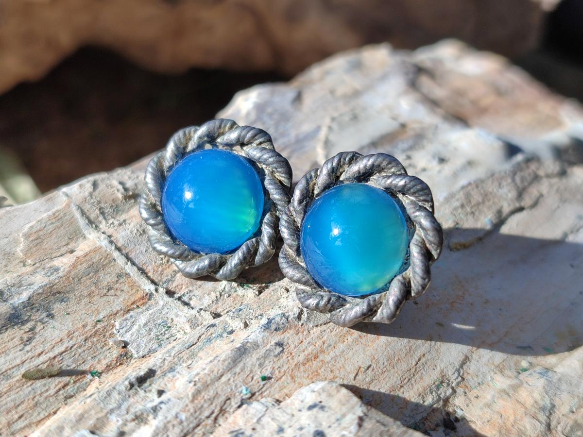 Hand Made Pair of Blue Onyx Cabochon Earrings in Silver Surgical Steel - Sold Per Pair - From China