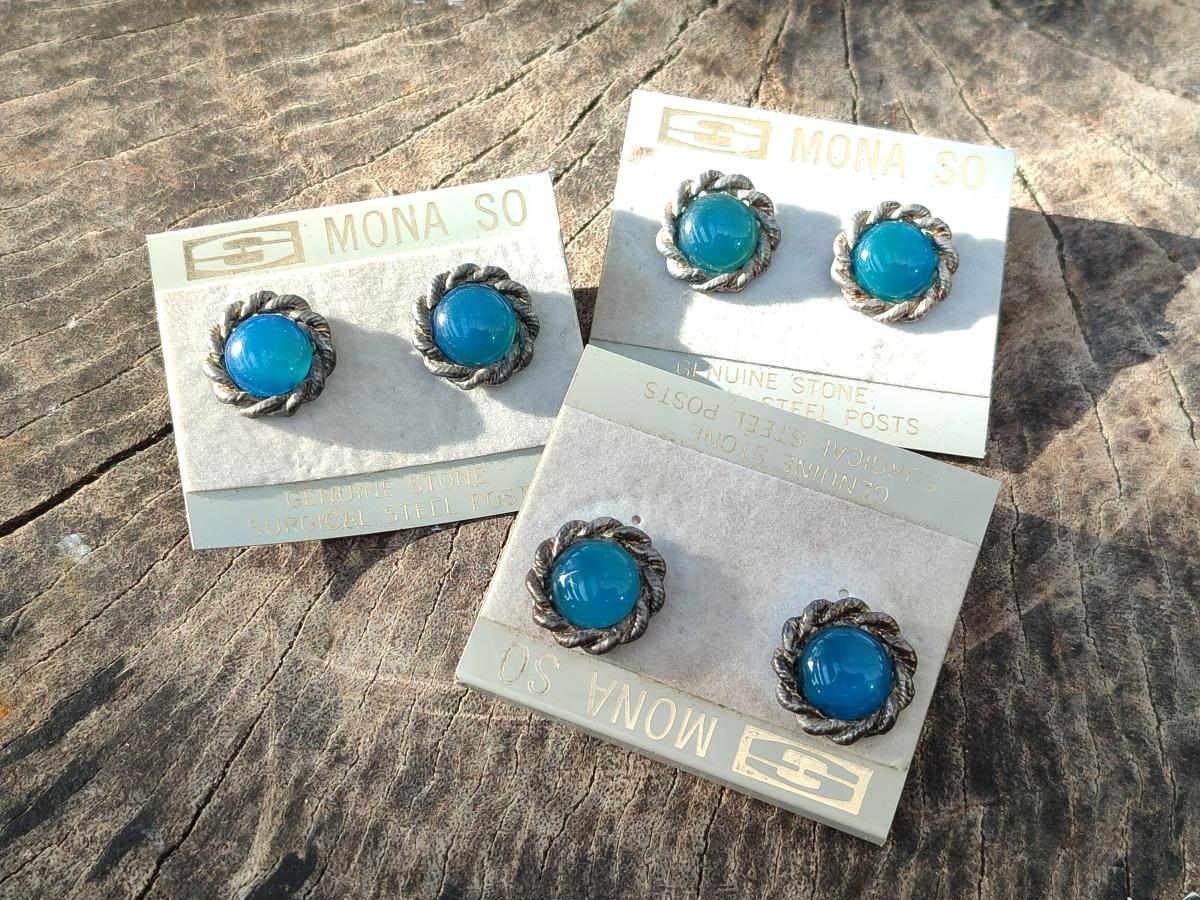 Hand Made Pair of Blue Onyx Cabochon Earrings in Silver Surgical Steel - Sold Per Pair - From China