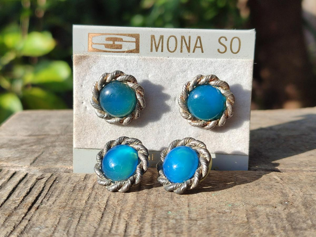 Hand Made Pair of Blue Onyx Cabochon Earrings in Silver Surgical Steel - Sold Per Pair - From China