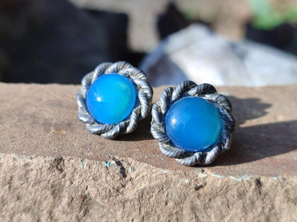 Hand Made Pair of Blue Onyx Cabochon Earrings in Silver Surgical Steel - Sold Per Pair - From China