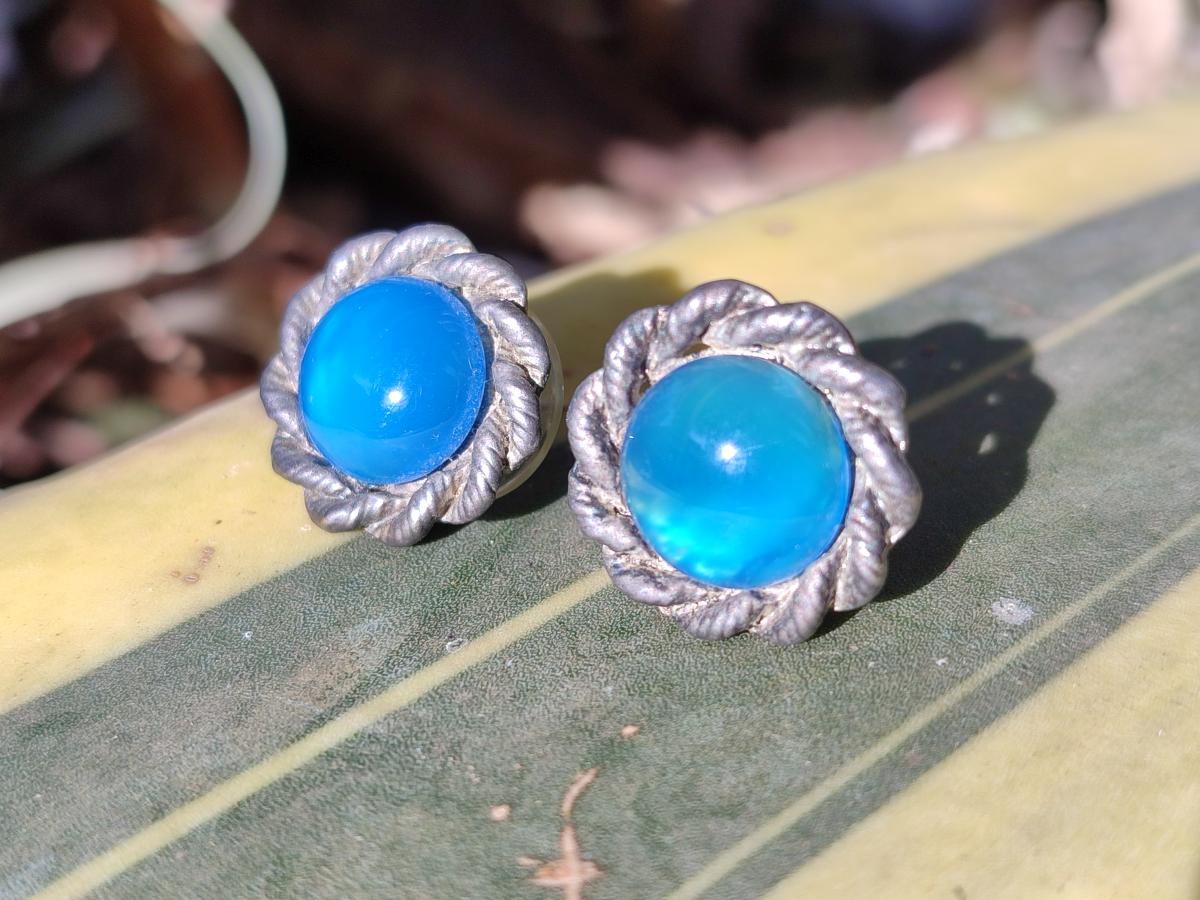 Hand Made Pair of Blue Onyx Cabochon Earrings in Silver Surgical Steel - Sold Per Pair - From China