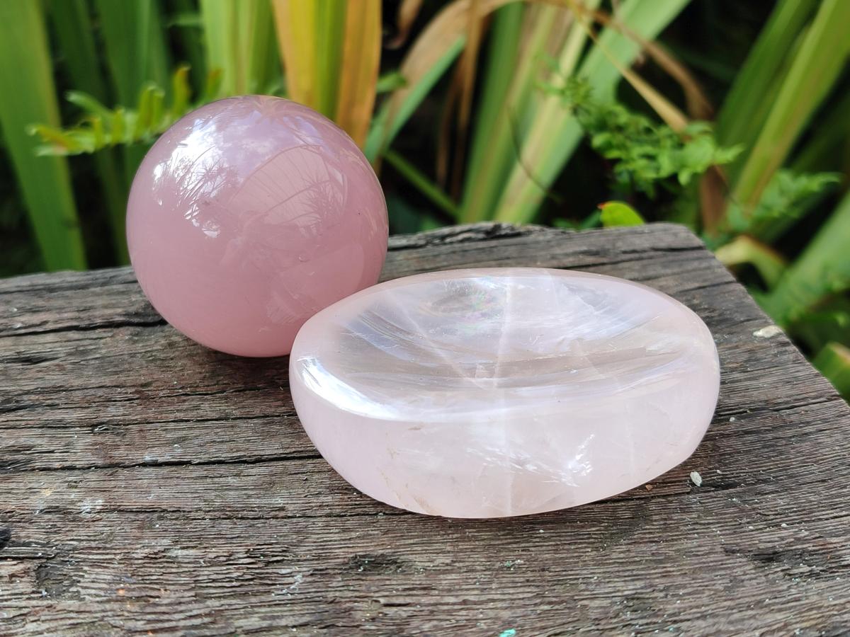 Polished Gemmy Star Rose Quartz Sphere with Rose Quartz Bowl Set x 1 From Ambatondrazaka, Madagascar