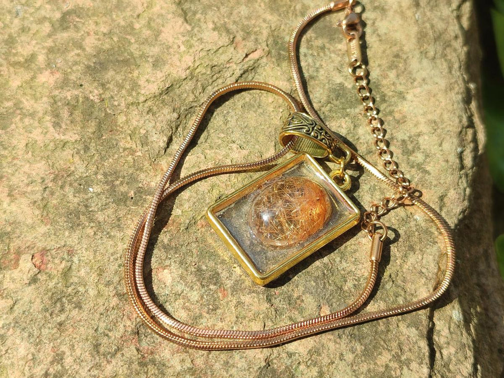 Hand Made Golden Rutile Quartz Cabochon Necklace x 1 From Madagascar