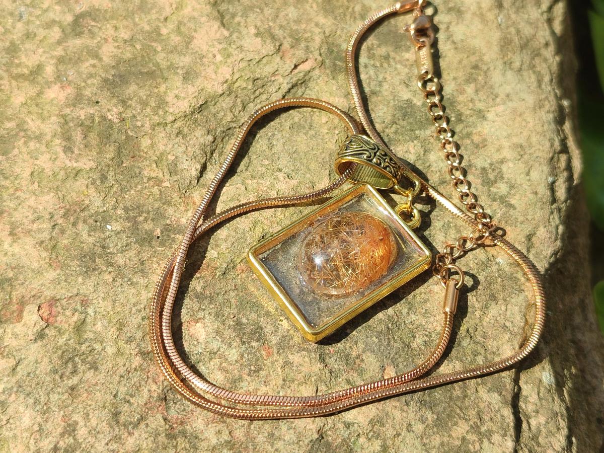 Hand Made Golden Rutile Quartz Cabochon Necklace x 1 From Madagascar