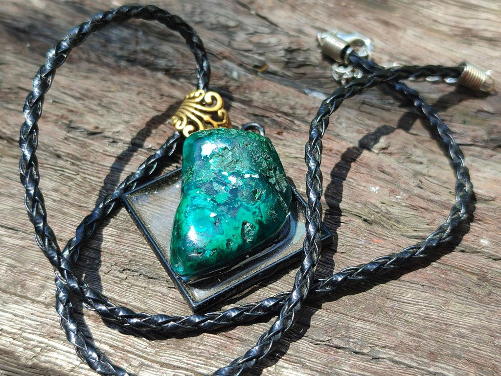 Hand Made Polished Dioptase Free Form in Black Frame Necklace x 1 From Congo