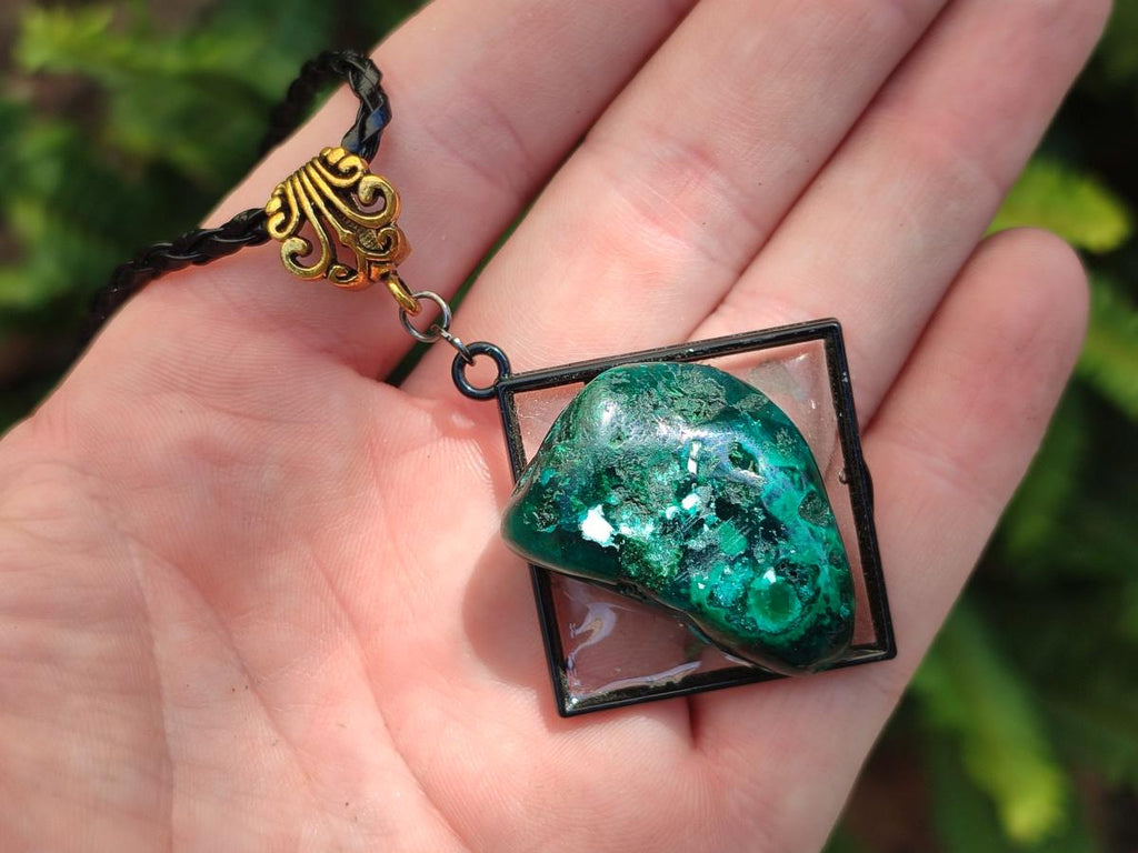 Hand Made Polished Dioptase Free Form in Black Frame Necklace x 1 From Congo