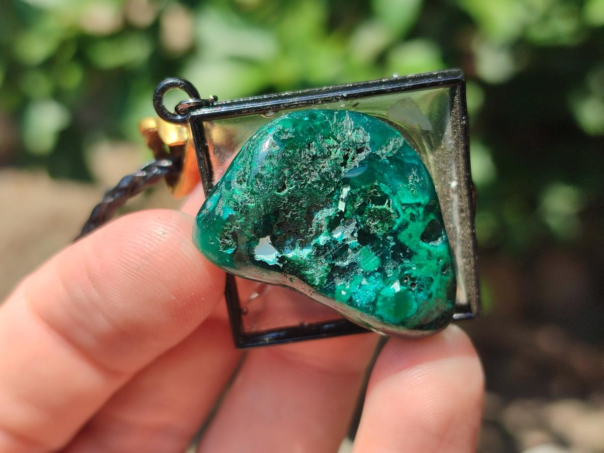 Hand Made Polished Dioptase Free Form in Black Frame Necklace x 1 From Congo