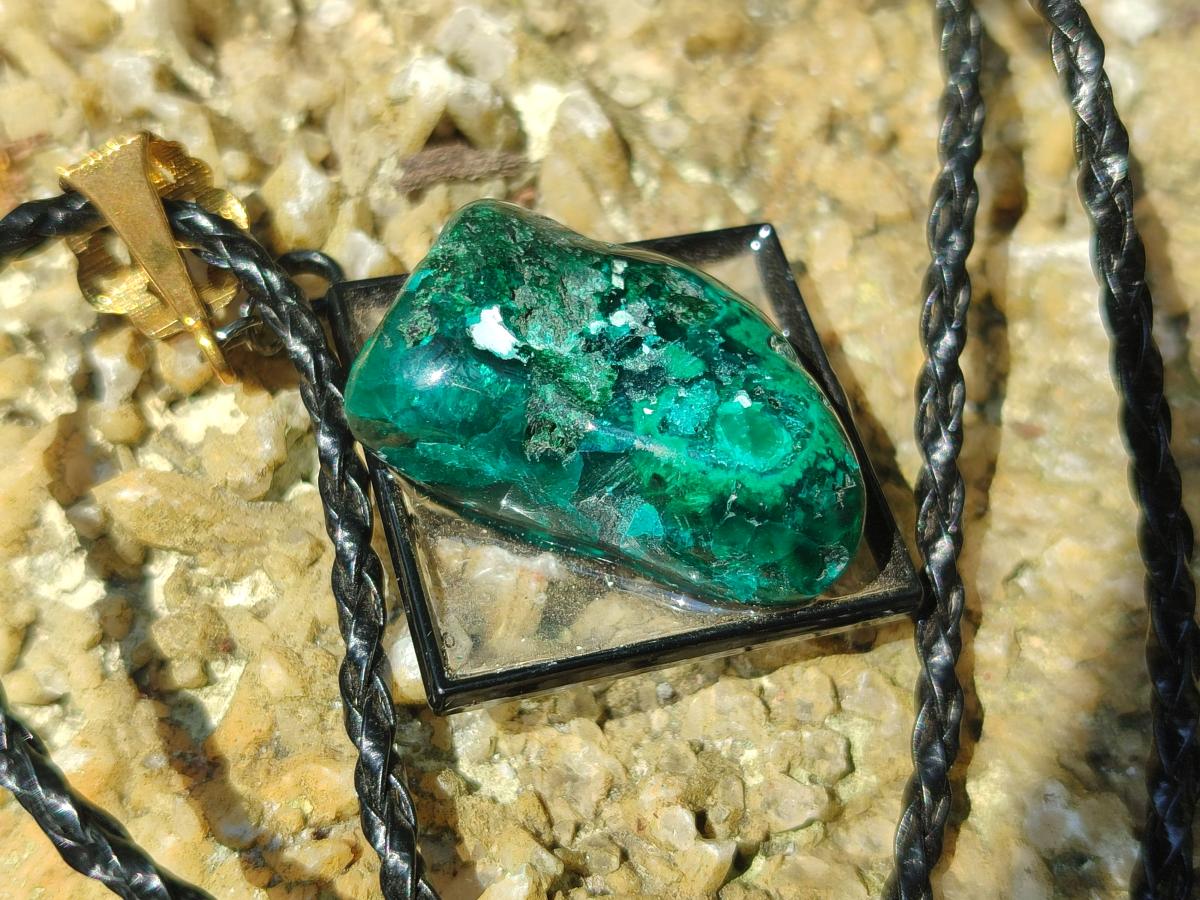 Hand Made Polished Dioptase Free Form in Black Frame Necklace x 1 From Congo