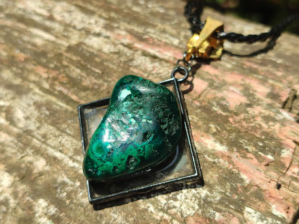 Hand Made Polished Dioptase Free Form in Black Frame Necklace x 1 From Congo