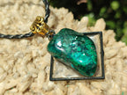 Hand Made Polished Dioptase Free Form in Black Frame Necklace x 1 From Congo