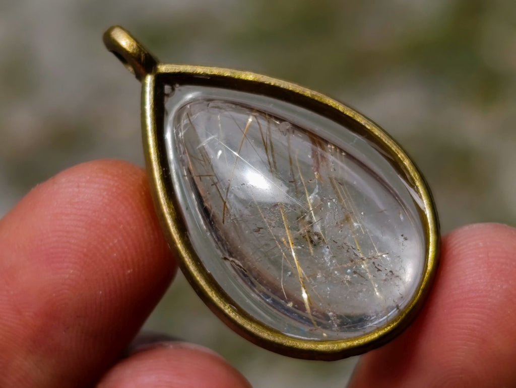 Handmade Teardrop Cabochon Golden Rutile Rock Crystal Quartz Pendant x 1 From Madagascar