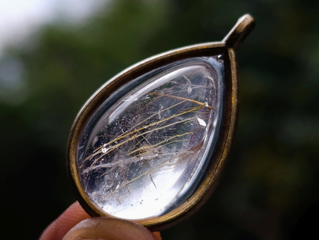 Handmade Teardrop Cabochon Golden Rutile Rock Crystal Quartz Pendant x 1 From Madagascar