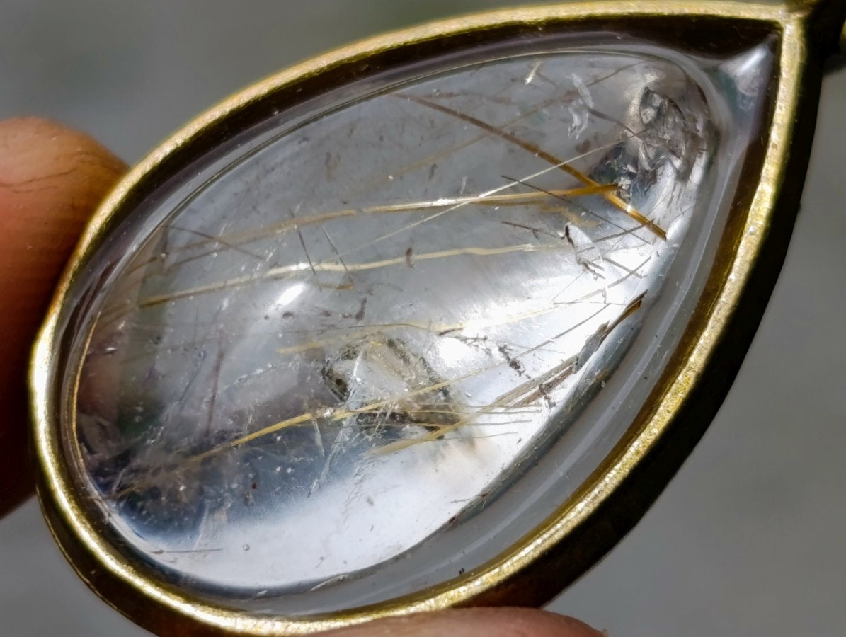 Handmade Teardrop Cabochon Golden Rutile Rock Crystal Quartz Pendant x 1 From Madagascar