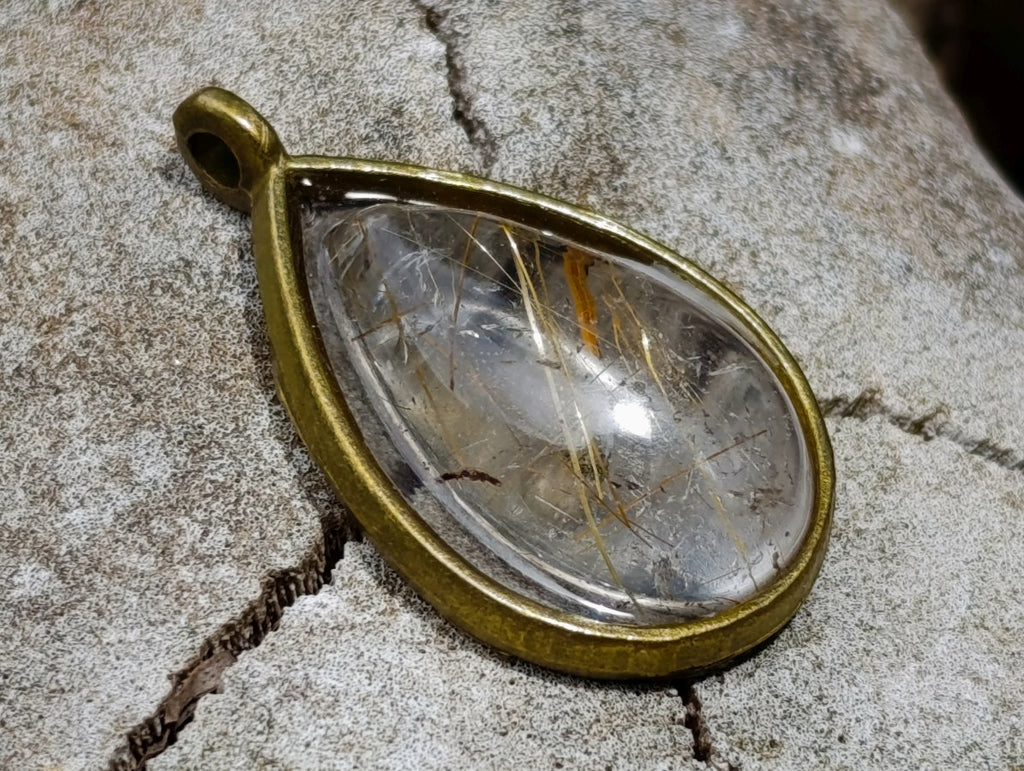 Handmade Teardrop Cabochon Golden Rutile Rock Crystal Quartz Pendant x 1 From Madagascar