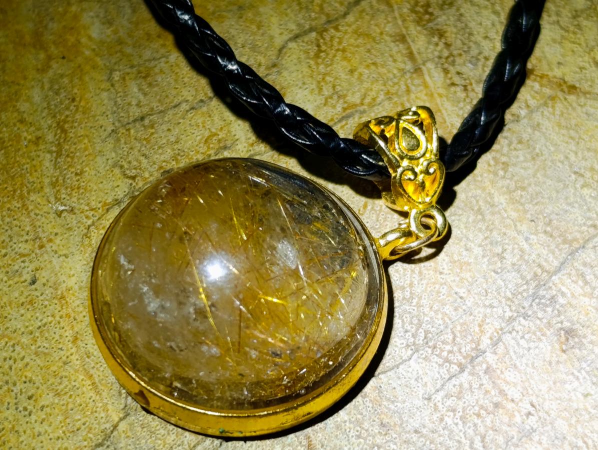 Hand Made Golden Rutile Cabochon in Gold Frame Necklace x 1 From Congo