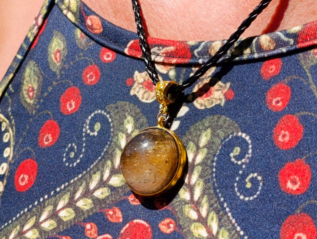 Hand Made Golden Rutile Cabochon in Gold Frame Necklace x 1 From Congo