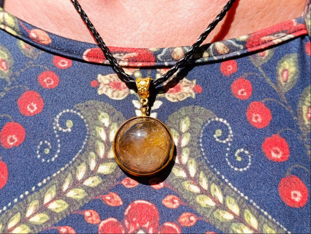 Hand Made Golden Rutile Cabochon in Gold Frame Necklace x 1 From Congo