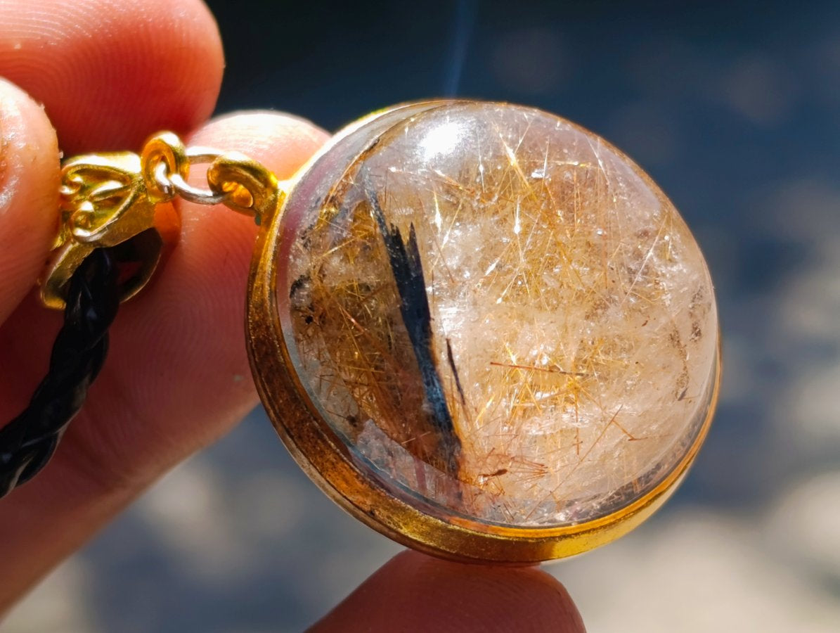 Hand Made Golden Rutile Cabochon in Gold Frame Necklace x 1 From Congo