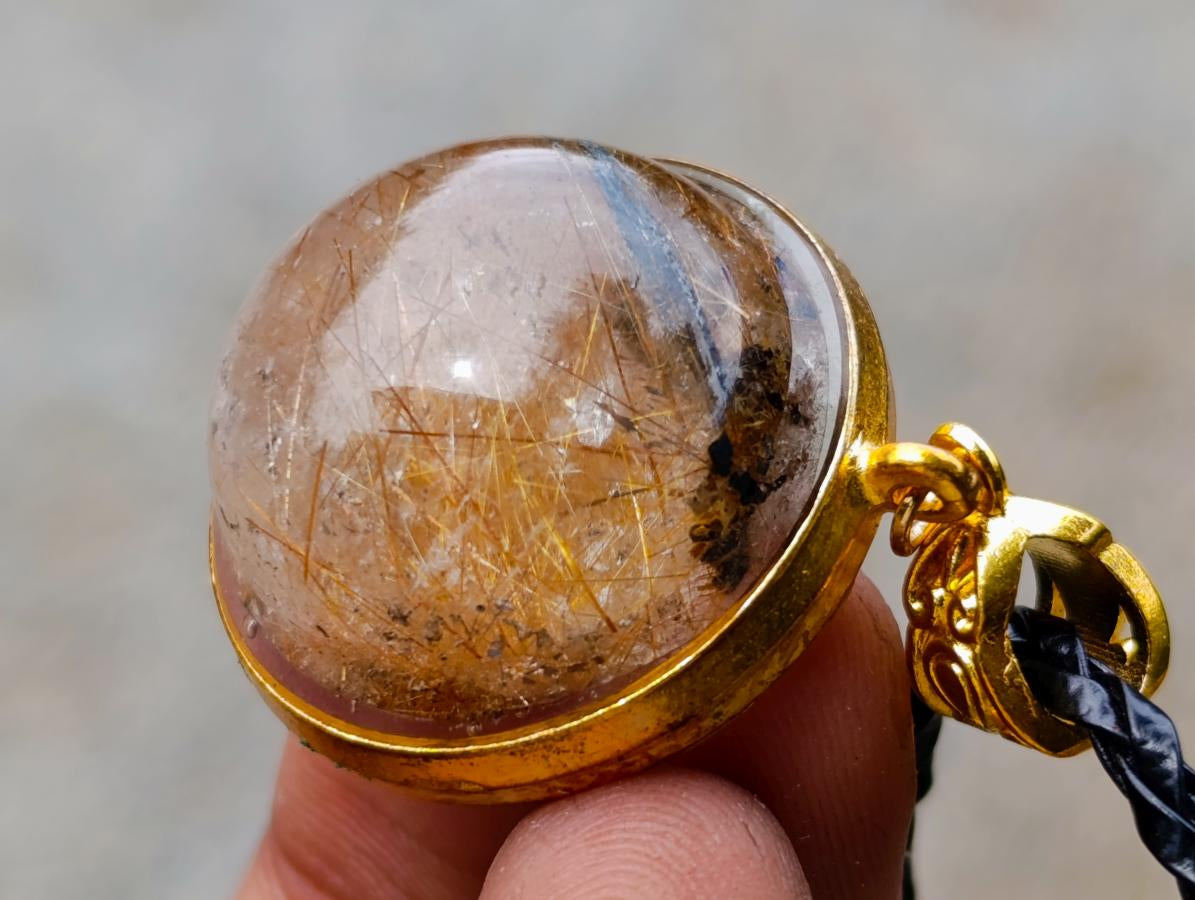 Hand Made Golden Rutile Cabochon in Gold Frame Necklace x 1 From Congo