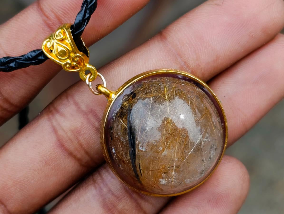Hand Made Golden Rutile Cabochon in Gold Frame Necklace x 1 From Congo