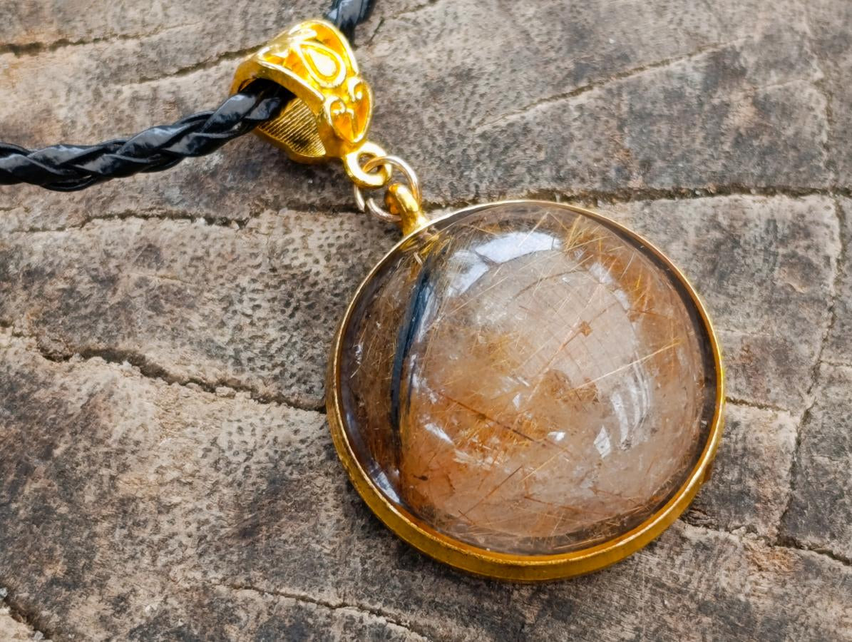 Hand Made Golden Rutile Cabochon in Gold Frame Necklace x 1 From Congo