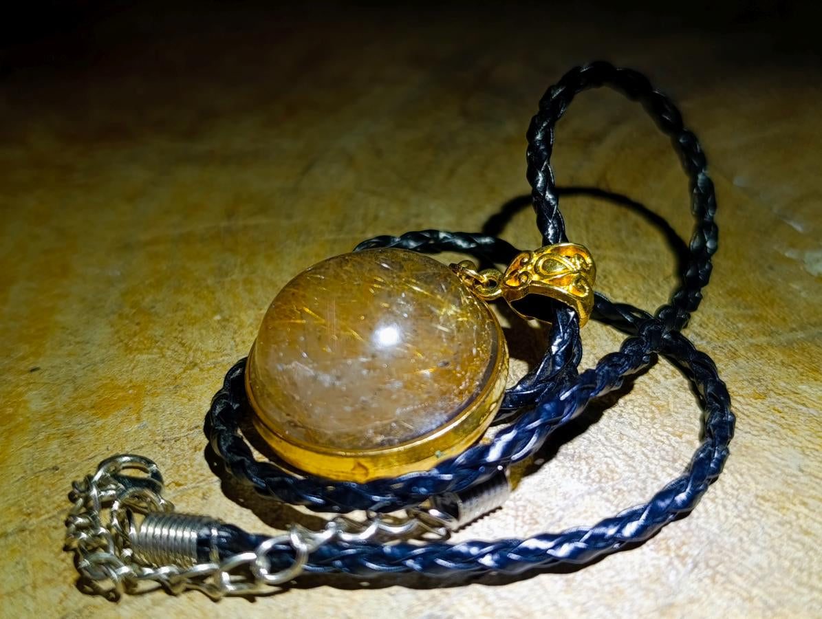 Hand Made Golden Rutile Cabochon in Gold Frame Necklace x 1 From Congo