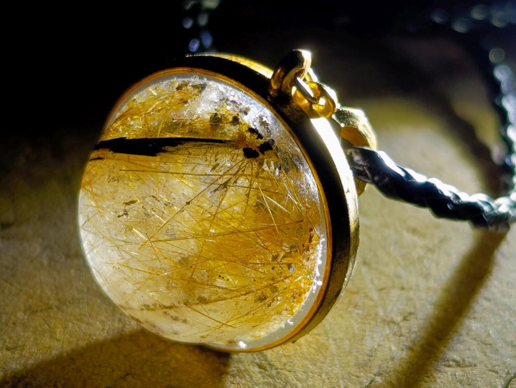 Hand Made Golden Rutile Cabochon in Gold Frame Necklace x 1 From Congo