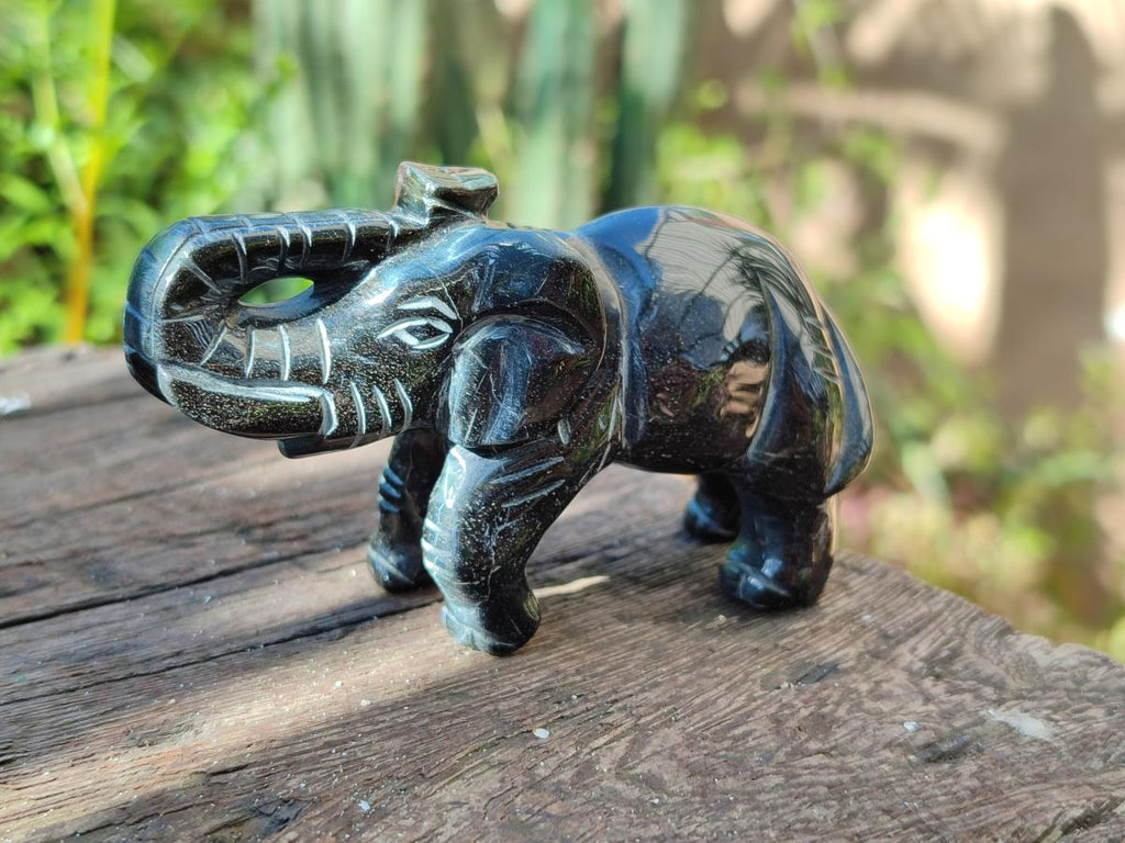 Polished Pair of Snakeskin Jasper and Blue Tigers Eye Elephant Gemstone Carvings x 1 From Africa and Australia