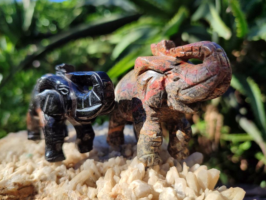 Polished Pair of Snakeskin Jasper and Blue Tigers Eye Elephant Gemstone Carvings x 1 From Africa and Australia