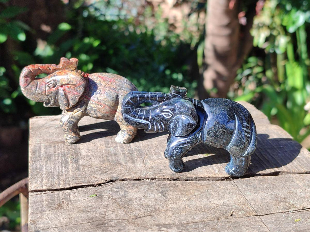 Polished Pair of Snakeskin Jasper and Blue Tigers Eye Elephant Gemstone Carvings x 1 From Africa and Australia