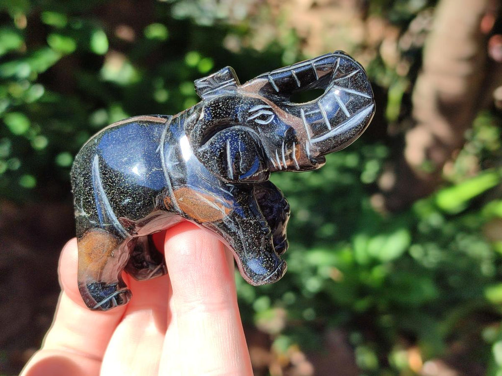 Polished Pair of Snakeskin Jasper and Blue Tigers Eye Elephant Gemstone Carvings x 1 From Africa and Australia