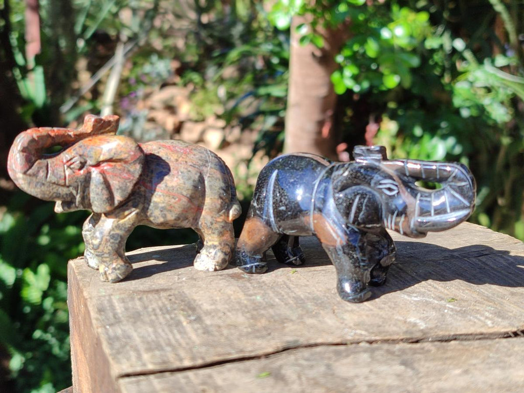 Polished Pair of Snakeskin Jasper and Blue Tigers Eye Elephant Gemstone Carvings x 1 From Africa and Australia
