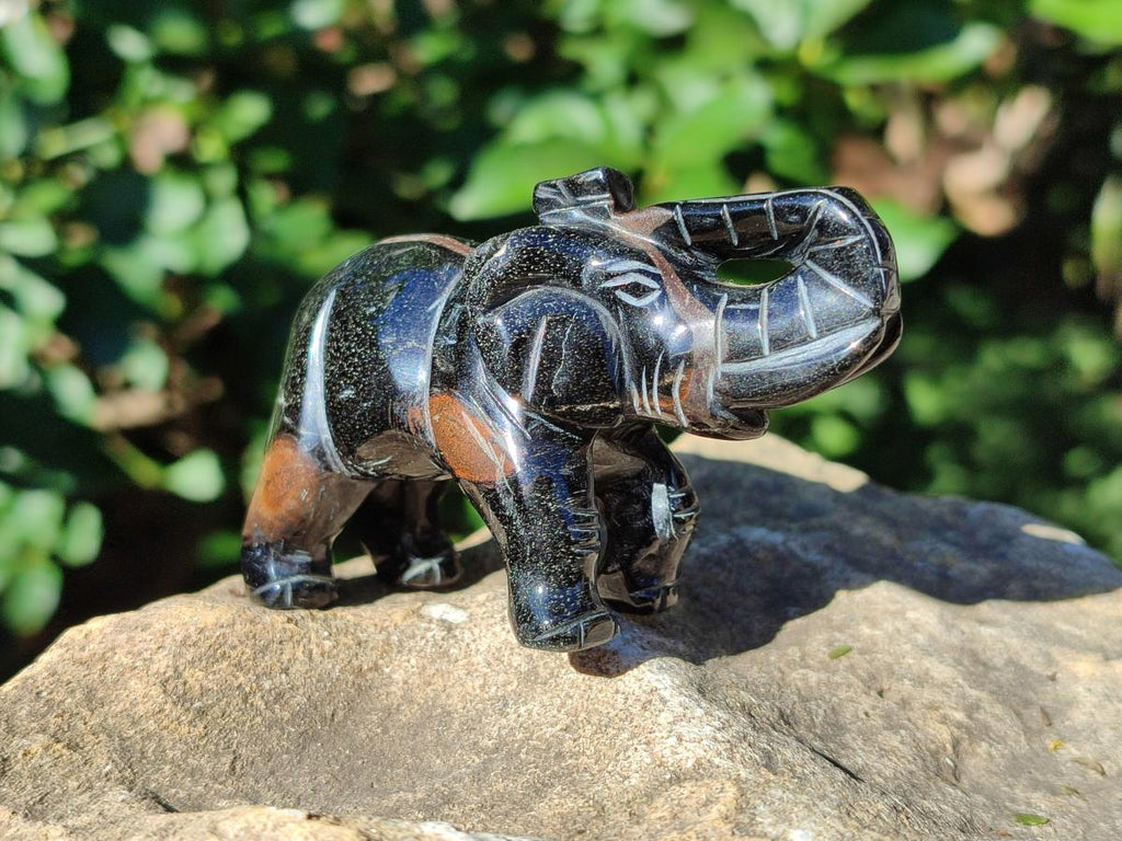 Polished Pair of Snakeskin Jasper and Blue Tigers Eye Elephant Gemstone Carvings x 1 From Africa and Australia