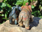 Polished Pair of Snakeskin Jasper and Blue Tigers Eye Elephant Gemstone Carvings x 1 From Africa and Australia